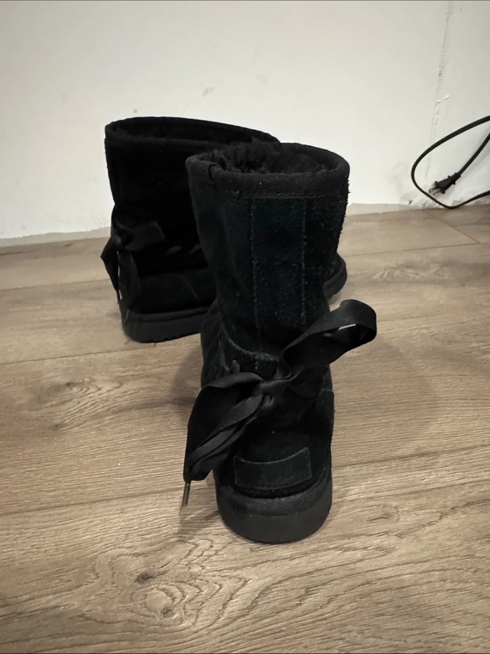UGG Black Suede Girls Winter Boots with Braided Trim
